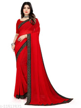 Red Georgette Rovilo party saree with zari woven blouse, Indian fashion for women's events