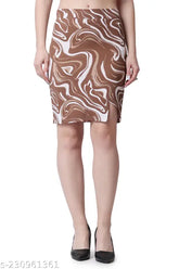 Brown printed net A-line pencil skirt, polyester fabric by POPWINGS for women's fashion