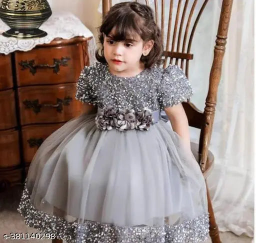 Grey embellished net frock for baby girl, Indian origin