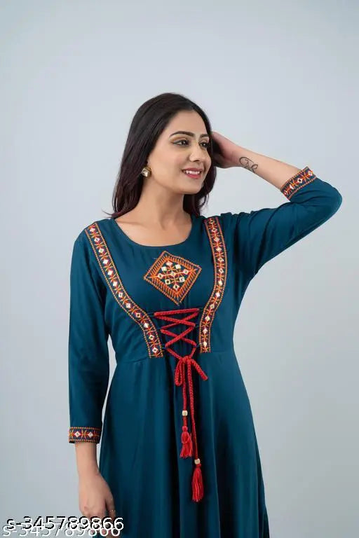 Blue rayon embroidered Anarkali kurta, full-stitched and well-finished, perfect for festivals and important occasions. Handcrafted in Jaipur, India