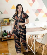 Trendy black satin morpankh print nightsuit with elastic waistband, comfortable sleepwear for ladies