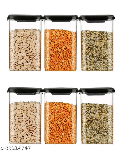 Unbreakable black plastic kitchen storage container set (6 pcs, 1100ml each), clear design for easy viewing, freezer and refrigerator safe