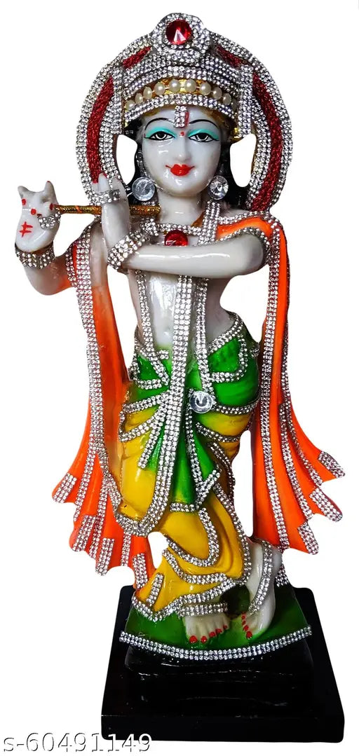 Resin Krishna Idol, 11cm tall, handcrafted with multi-colored clothes and jewels, bright and contrasting color combination