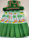 Green cotton silk unstitched kalamkari lehenga choli for kids, featuring digital print and heavy embroidery work. Un-stitched green satin lehenga, green aku pattu blouse with short sleeves. Suitable for children aged 3 to 8 years old. Indian handmade