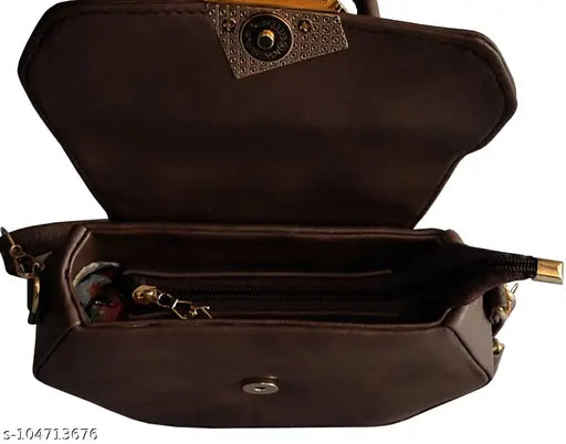 Brown synthetic sling bag with one shoulder strap and soft hand handle, single compartment self-design net. Lightweight (<400g), easy to carry, capacity of 2L (18cm H x 20cm L x 7cm W). Ideal for girls, cosmetic pouch, or purse for ladies. Made in India