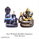 Blue-Gold PMR PolyResin Ganesha Buddha Combo Incense Holder, 8cm x 12cm x 6cm Indian Shiv Decor Showpiece with 50 Back Flow Incense Cones