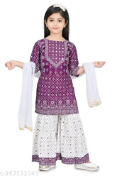 Purple rayon anarkali-sharara set with colorblocked sleeves and dupatta, ideal for girls aged 4-9 years