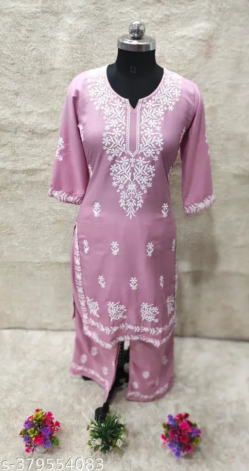 Embroidered Rayon Chikankari Kurta set with palazzos, three-quarter sleeves. Indigenous Indian ethnic wear for women