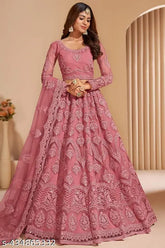 Pink silk blend semi-stitched lehenga with unstitched blouse & net dupatta, Indian paisley pattern and woven thread work embroidery