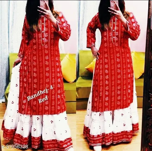 Red and white combination original rayon FancyKurti and Sharara Set, long-sleeved Indian ethnic ensemble