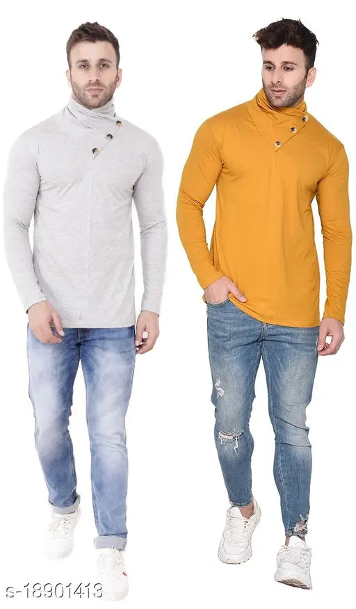 Grey cotton-blend long sleeve solid shawl collar t-shirts pack for men, 2 pieces (S-XL), on hanger