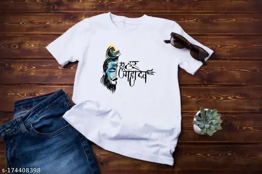 White polyester men's fashion t-shirt with printed Mahadev image, comfortable and lightweight for casual wear