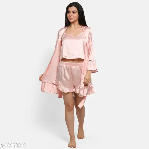 Pink satin women's night suit set with robe and lingerie, long-sleeved loungewear from India