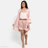 Pink satin women's night suit set with robe and lingerie, long-sleeved loungewear from India