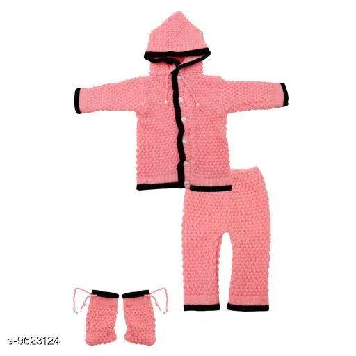 Pink wool baby sweater - solid pattern, 0-3 months size, Indian origin