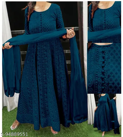 Black chambray embroidered net gown with full sleeves, heavy naznin dupatta on mannequin