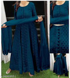 Black chambray embroidered net gown with full sleeves, heavy naznin dupatta on mannequin