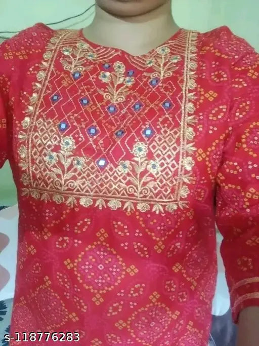 Red Rayon Three-Quarter Sleeve Jaipuri Kurti with Satara Gold Print Embroidery