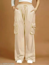 Cream cotton women's cargo jogger pants, regular fit with multiple pockets, versatile for everyday wear