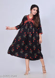 Black women's floral print cotton rayon anarkali kurta - Trendy and elegant fashion statement. Three-quarter sleeve, vibrant floral design, versatile black color. #multicolordress #floralprintdress #viscoserayondress #summerdress #bohemiandress