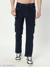 Denim mid-rise stretchable jeans for men, solid navy blue color, straight fit, size 30 (waist 30in, length 38in), from India