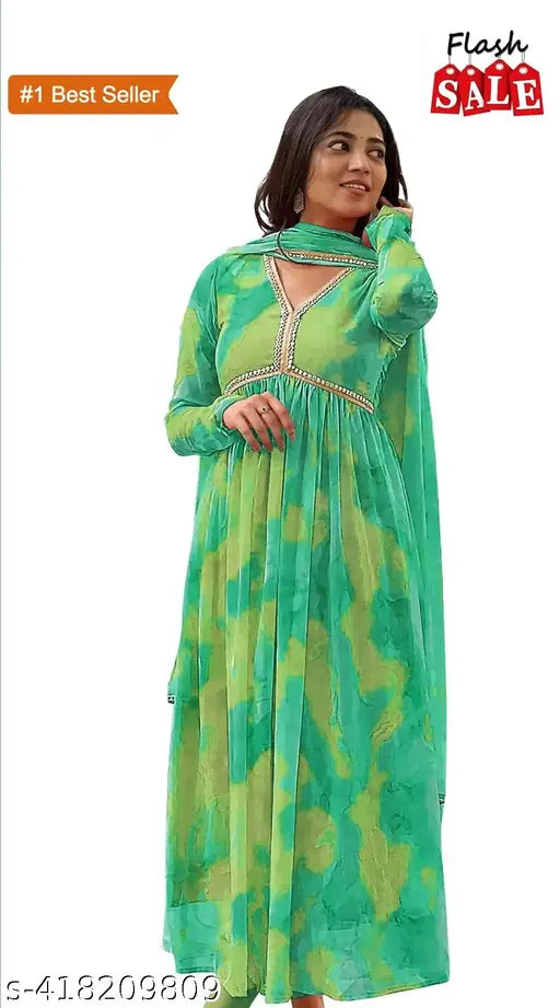 Multi-color anarkali kurti set with dupatta, gota patti style designer dress gown for women in Georgette fabric, three-quarter sleeves