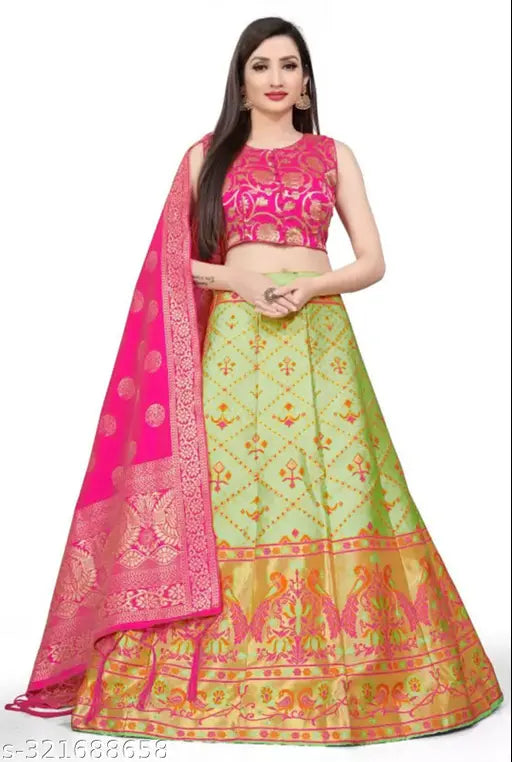 Banarasi jacquard lehenga choli set, silk fabric, Indian wedding festivals, semi-stitched (40x40)
