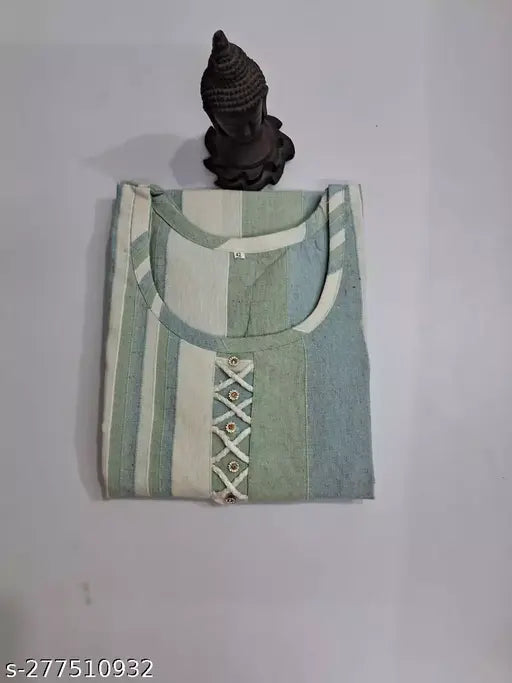 Green and white printed cotton blend straight kurti with 3/4 sleeves, perfect for casual or formal wear