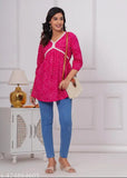 Pink cotton tunic, three-quarter sleeves, bandhani print, women's clothing, India