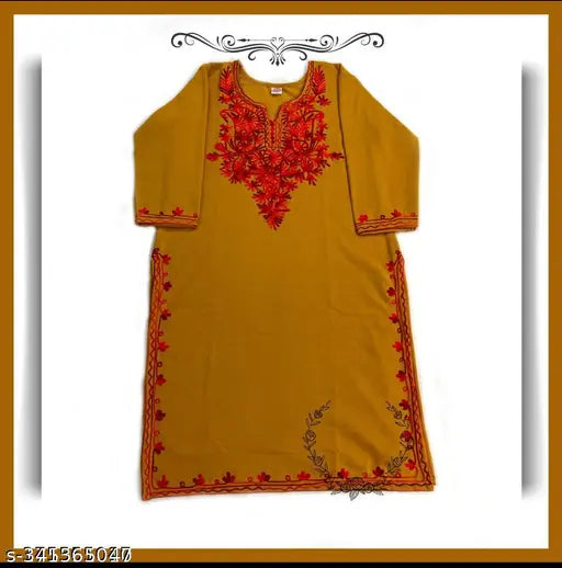 Woolen embroidery kurti, three-quarter sleeve, intricate embroidery on premium wool fabric - elegant Indian ethnic wear for winter