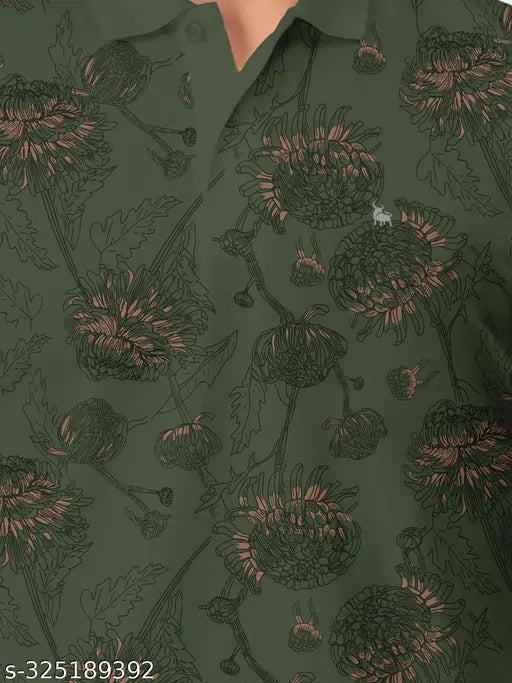 Olive cotton blend polo t-shirt for men with all-over print, comfortable stretch, and trendy design (India)
