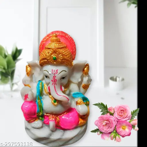 High-quality polyresin Ganesh idol, 4 inch, white and golden decorative statue, perfect for home, office, or car dashboard. Lord Ganesha symbolizes good fortune and joy