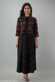 Black rayon Anarkali kurti with geometric print and short jacket, trendy ethnic wear for any occasion