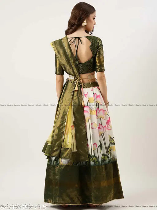 Golden Zari Printed Silk Half Saree, semi-stitched lehenga (40in waist, 42in length), floral dupatta and net dupatta, Indian origin