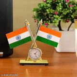 Multicolor plastic Indian flag with quartz watch frame, lightweight for car dashboards or home decor (11cm height)