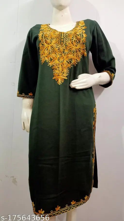 Olive green & mustard embroidered wool kurti, women's three-quarter sleeve, stylish Indian fashion for day, wedding, or evening wear