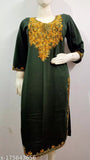 Olive green & mustard embroidered wool kurti, women's three-quarter sleeve, stylish Indian fashion for day, wedding, or evening wear