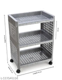 Grey plastic 3-layer kitchen and office storage organizer with wheels, ideal for home or office use