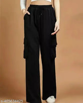 Women's high black cotton lycra cargo pants, straight leg workout style from India