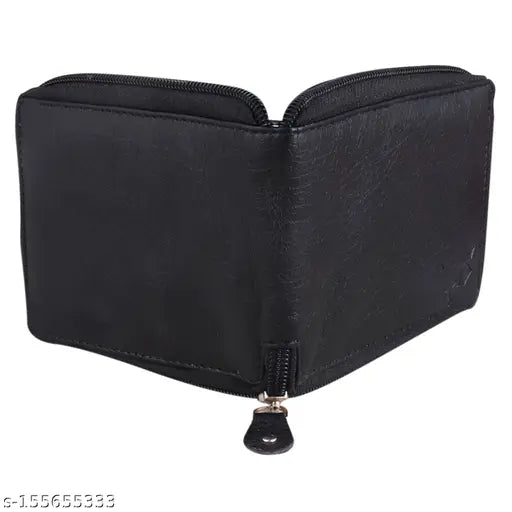 Black PU round zip wallet, durable cloth lining, 2 compartments, free size, made in high-quality leather, India