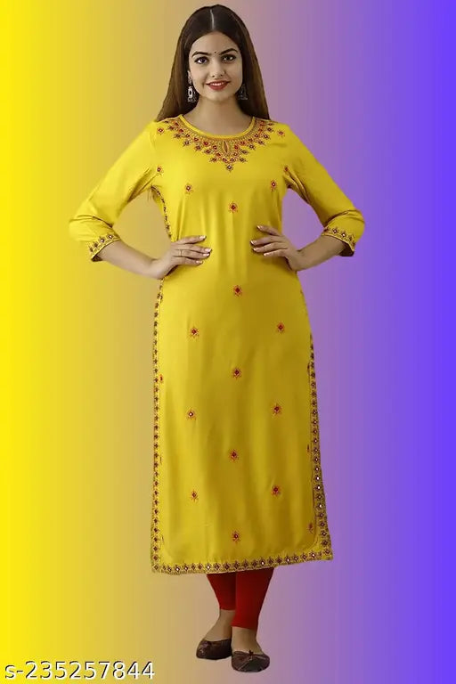 Yellow rayon embroidered kurta with three-quarter sleeves, Indian traditional clothing
