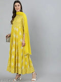 Yellow rayon Anarkali gown with printed motifs and matching dupatta on mannequin