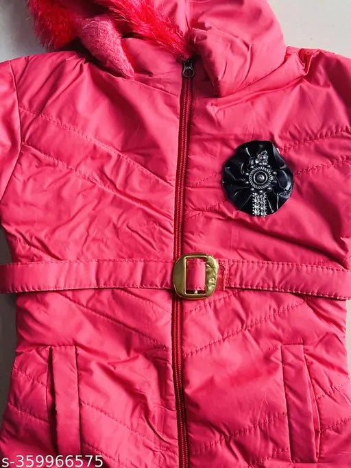 Acrylic self-design net long sleeve jacket for girl, aged 0-1 years, with belt and fur trim, Indian origin