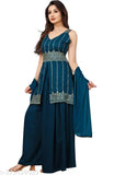 Exquisite georgette Women's Kurti set with dupatta and bottomwear, intricate Zari embroidery, sleeveless, India-made, S-XXXL sizes available