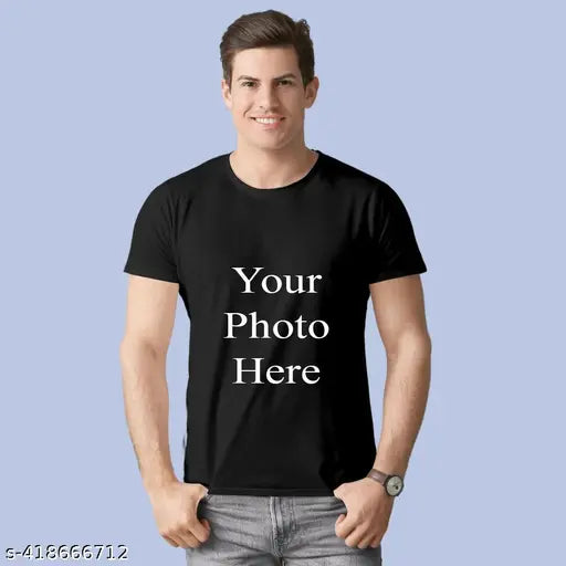 Black cotton men's personalized t-shirt with photo print on front, made in India