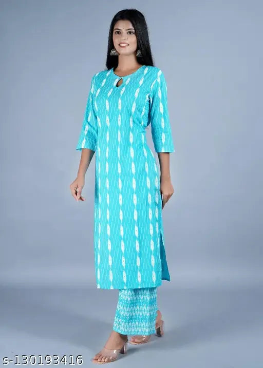 Printed cotton kurta set with palazzo bottoms, three-quarter sleeves, comfortable for parties and festive occasions