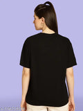 Oversized printed black cotton women's t-shirt with short sleeves and drop shoulder - India
