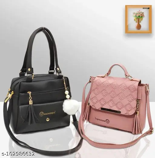 Magnifique PU sling bag combo, solid net pattern, 4 compartments, free size (9in x 3in x 8in) - modern women's fashion accessory from India