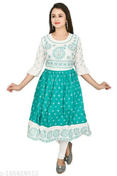 Rayon printed kurti sharara set in Sea green & Pink, ideal for festivals and daily wear. Anarkali gown for women made from premium quality pure cotton fabric. Sizes: M, L, XL. Made in India