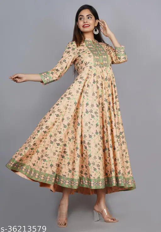 Light Peach Rayon Flared Kurta, stylish printed women's Anarkali with three-quarter sleeves, ideal for festive or party wear